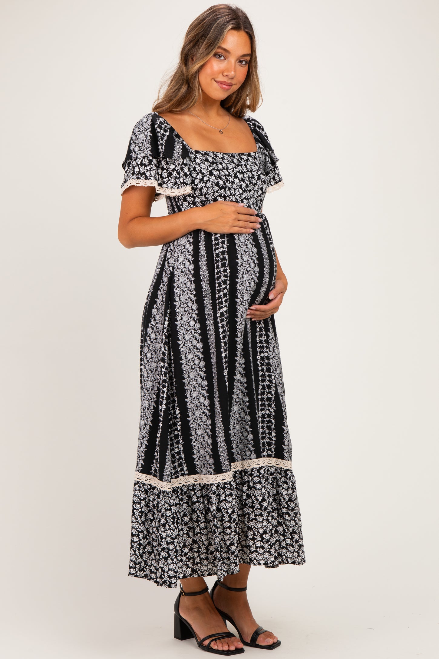 Black Floral Border Print Flutter Sleeve Maternity Maxi Dress
