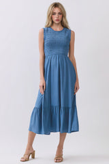 Denim Smocked And Tiered Maternity Maxi Dress