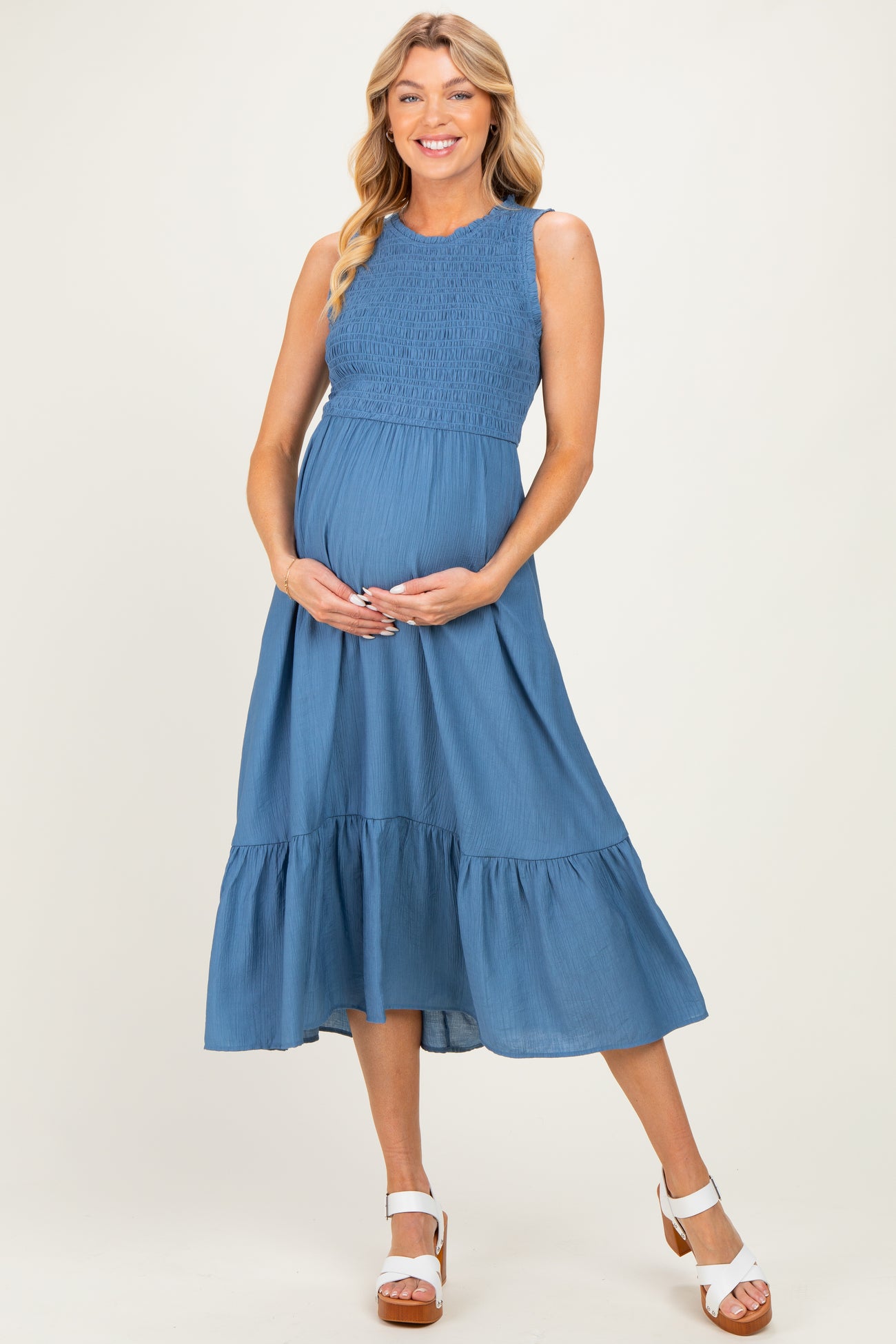 Denim Smocked And Tiered Maternity Maxi Dress