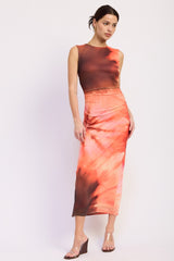 Coral Multi Tie Dye Mesh Maxi Dress With Side Ruching