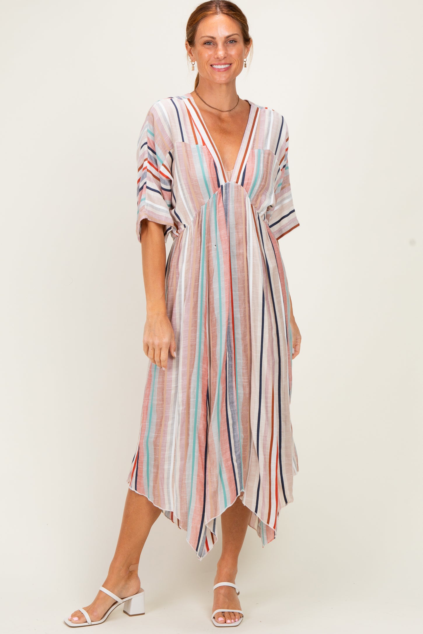 White Multi Printed Deep V-Neck Maternity Maxi Dress