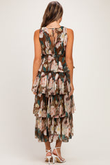 Brown Floral Sleeveless Flounce Tiered Maternity Maxi Dress