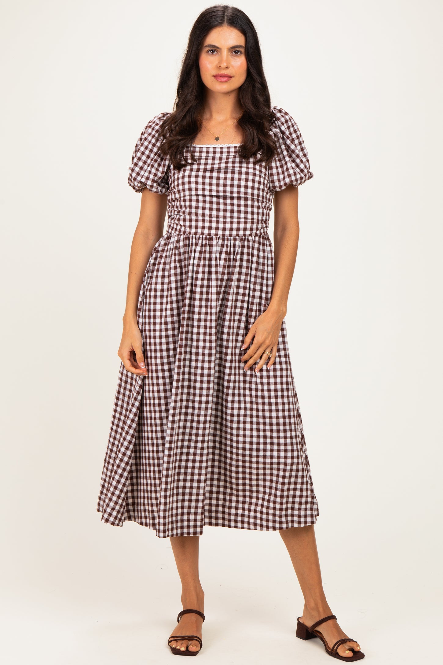 Brown Gingham Lace Trim Puff Sleeve Maternity Midi Dress