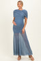 Blue Draped Bodice Ruched Mesh Maternity Maxi Dress