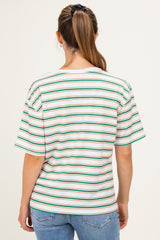 woman wearing a striped maternity t-shirt in pastel colors, featuring short sleeves and a relaxed fit, seen from the back