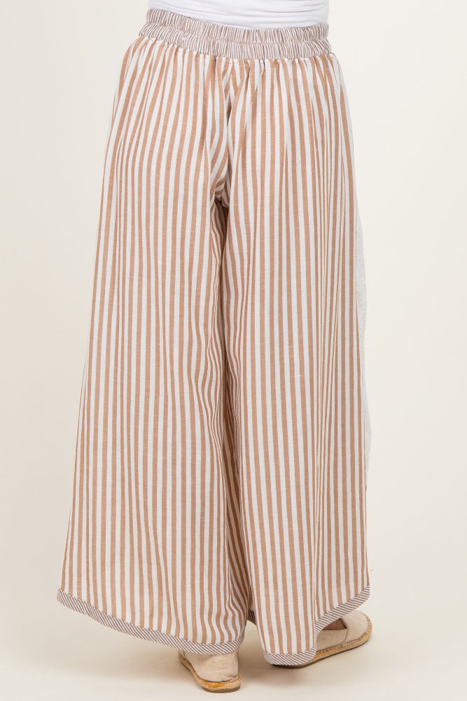 maternity wear featuring wide-leg striped pants in white and light brown with an elastic waistband