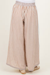 maternity wear featuring wide-leg striped pants in white and light brown with an elastic waistband