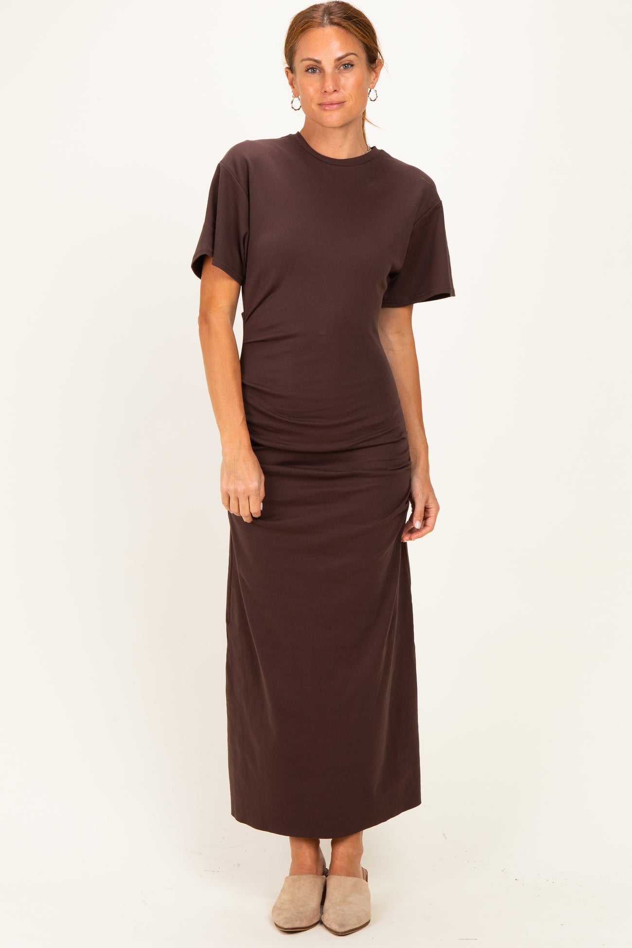 Brown Drop Shoulder Ruched Maxi Dress