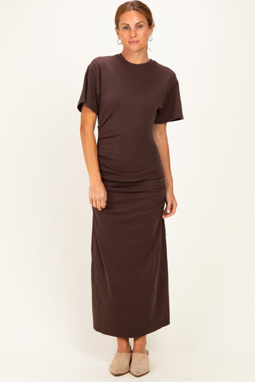 Brown Drop Shoulder Ruched Maxi Dress