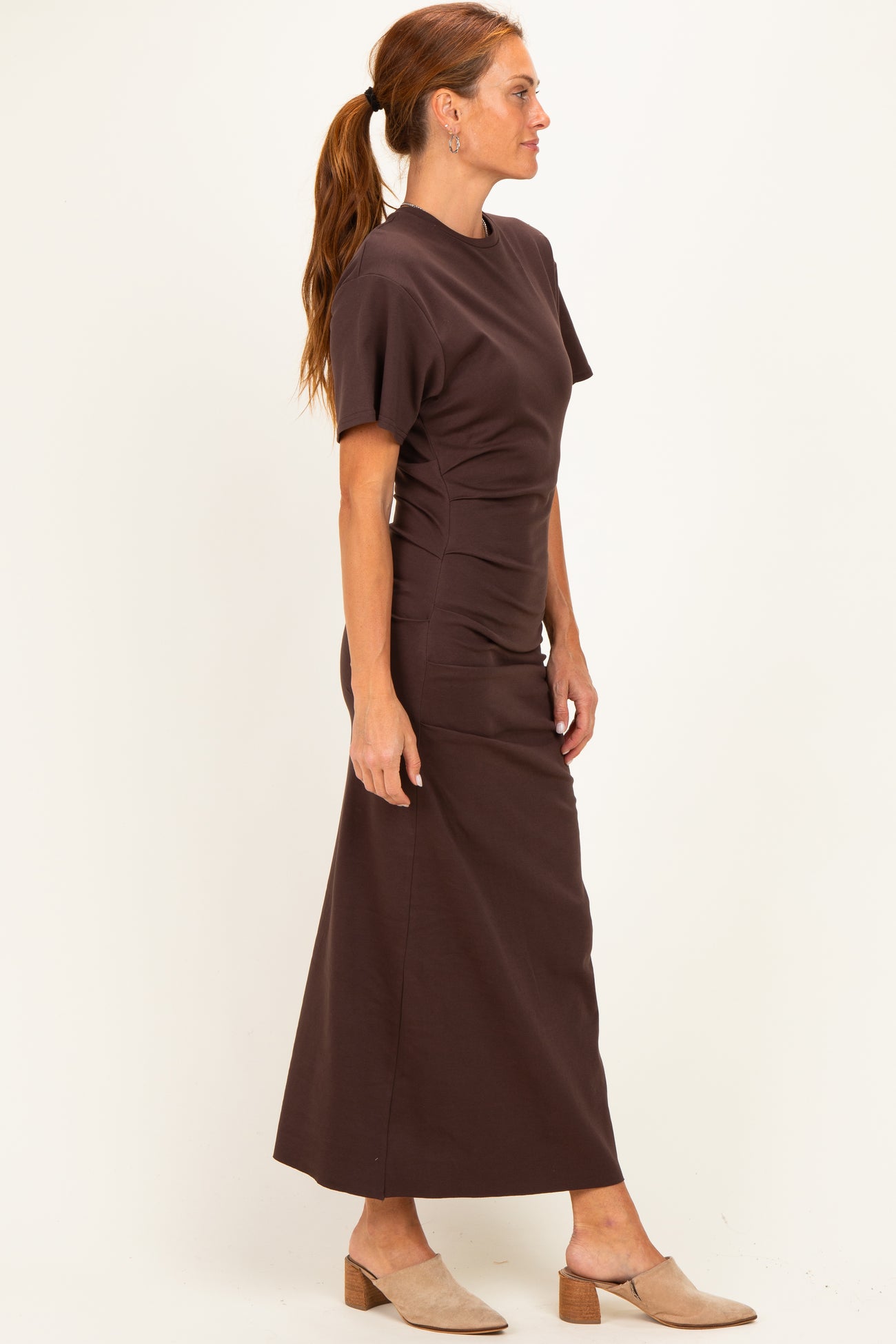 Brown Drop Shoulder Ruched Maxi Dress