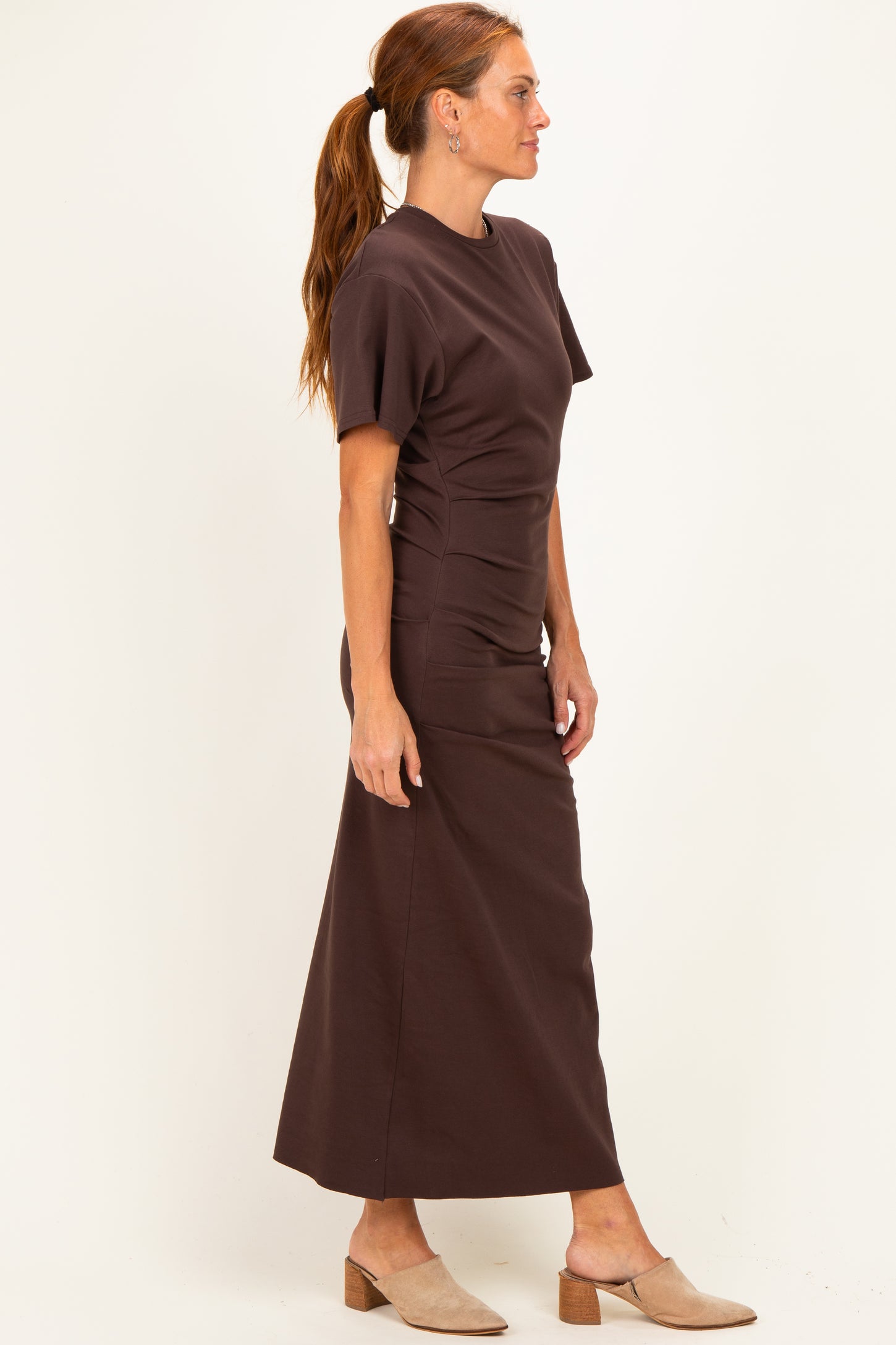 Brown Drop Shoulder Ruched Maxi Dress