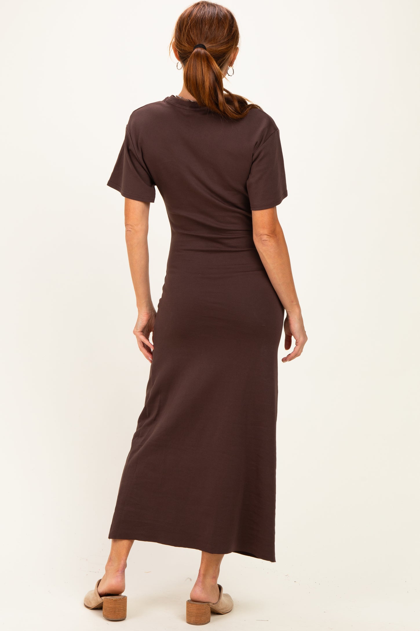 Brown Drop Shoulder Ruched Maxi Dress
