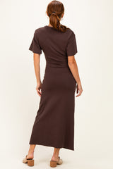 Brown Drop Shoulder Ruched Maxi Dress