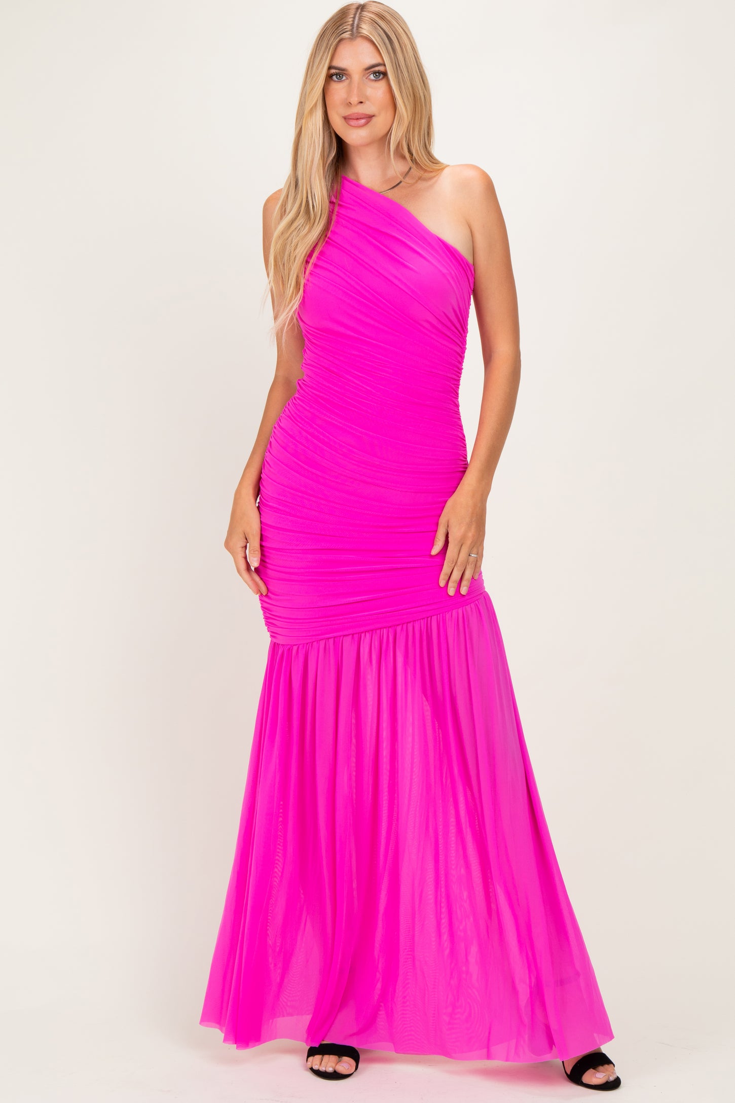 Fuchsia Pink Ruched Mesh One Shoulder Maternity Maxi Dress