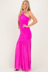 woman wearing a bright pink one-shoulder evening gown with ruching and a flowing skirt