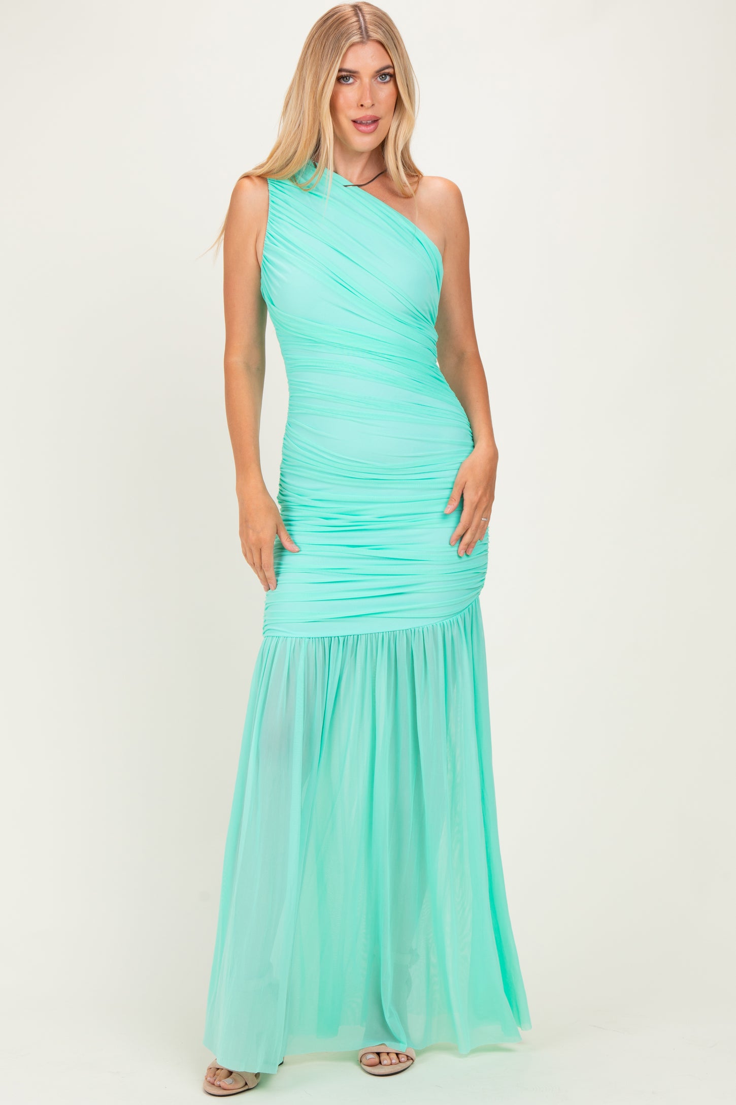 Jelly Mint Ruched Mesh One Shoulder Maternity Maxi Dress