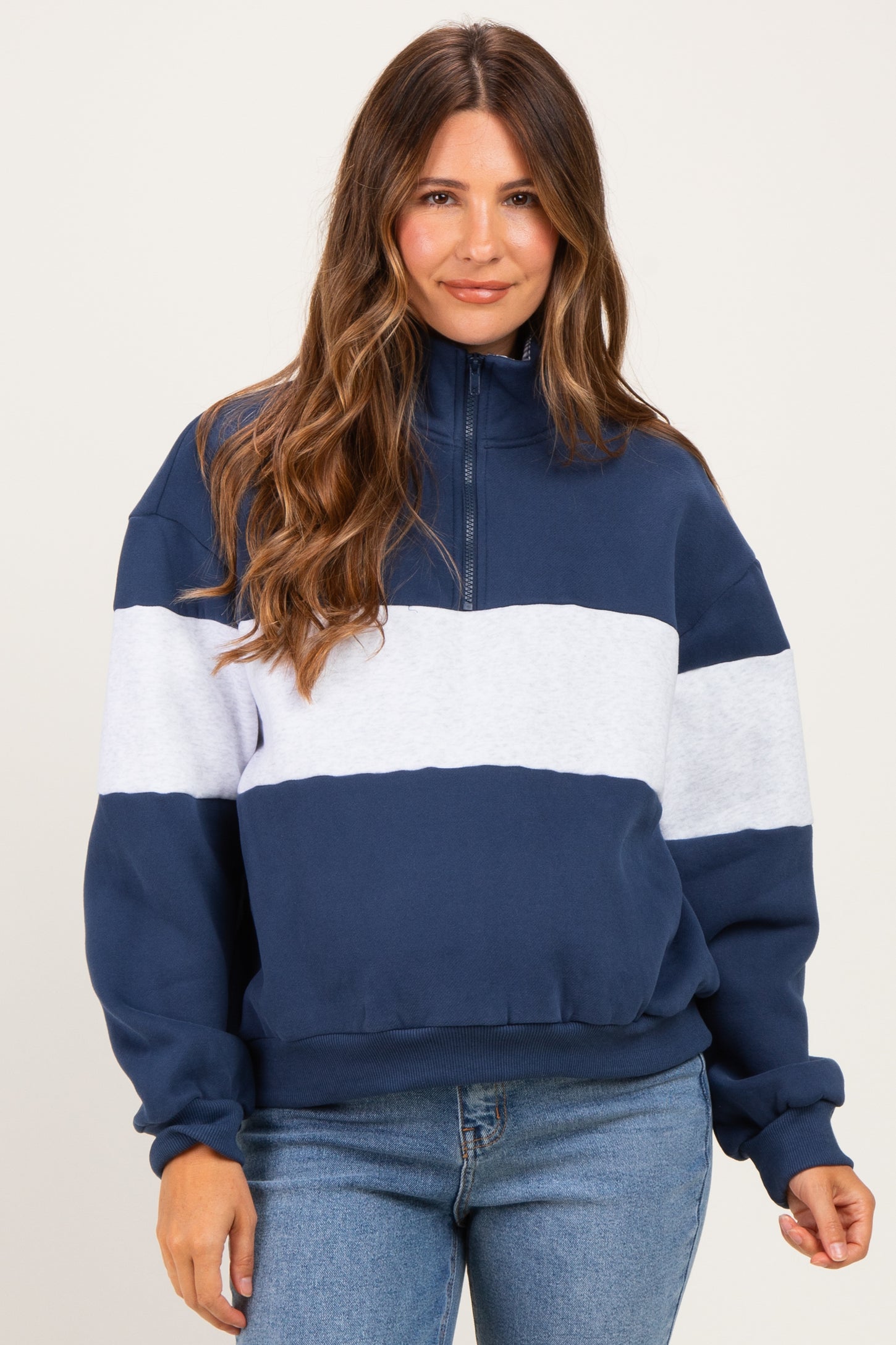 Navy Colorblock Quarter Zip Maternity Sweatshirt