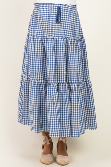 maternity wear blue and white gingham tiered maxi skirt with drawstring waist, model wearing it