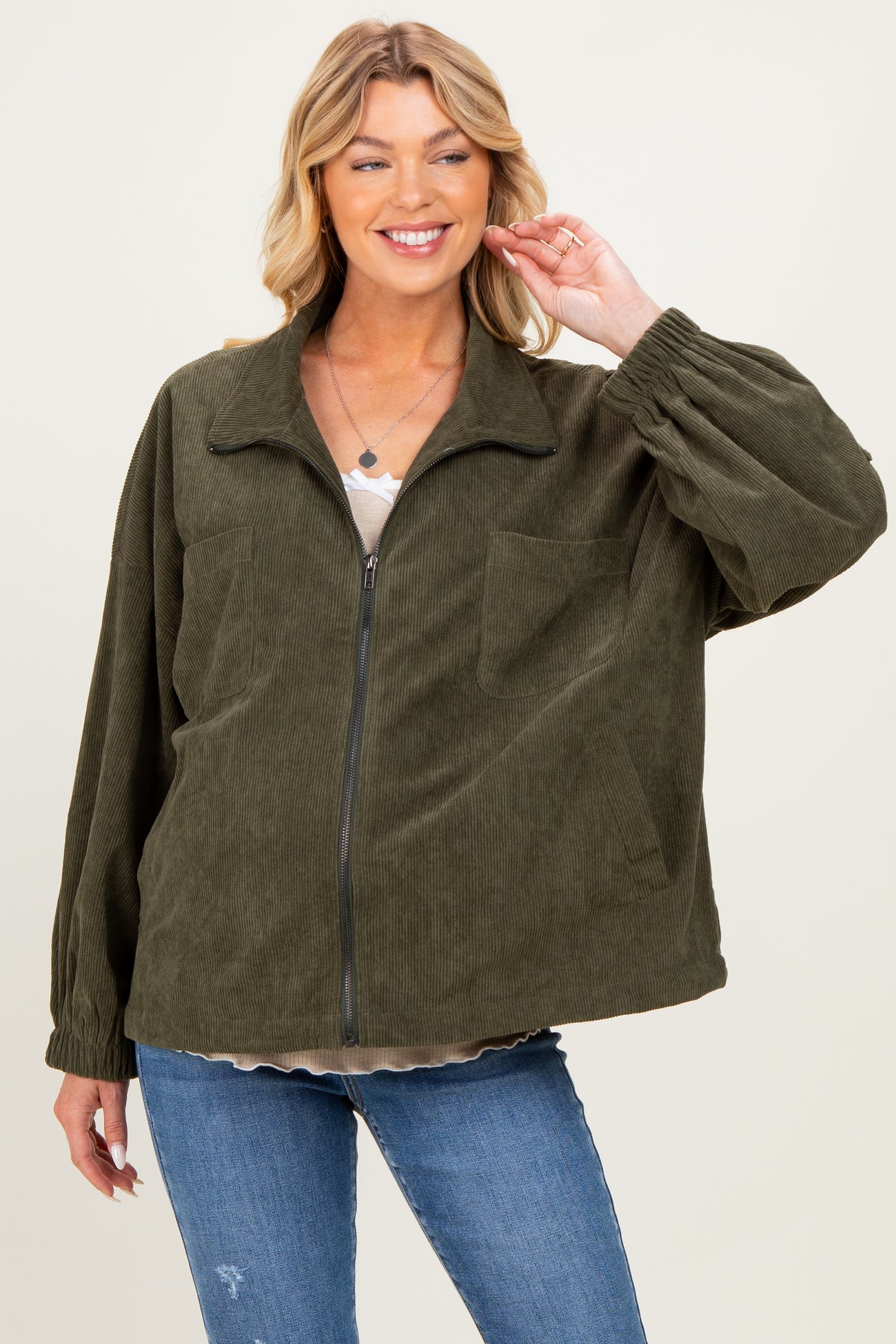 Olive Oversized Corduroy Maternity Zipper Jacket
