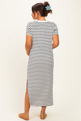 woman wearing a striped maternity maxi dress with short sleeves and a side slit, showing a baby bump