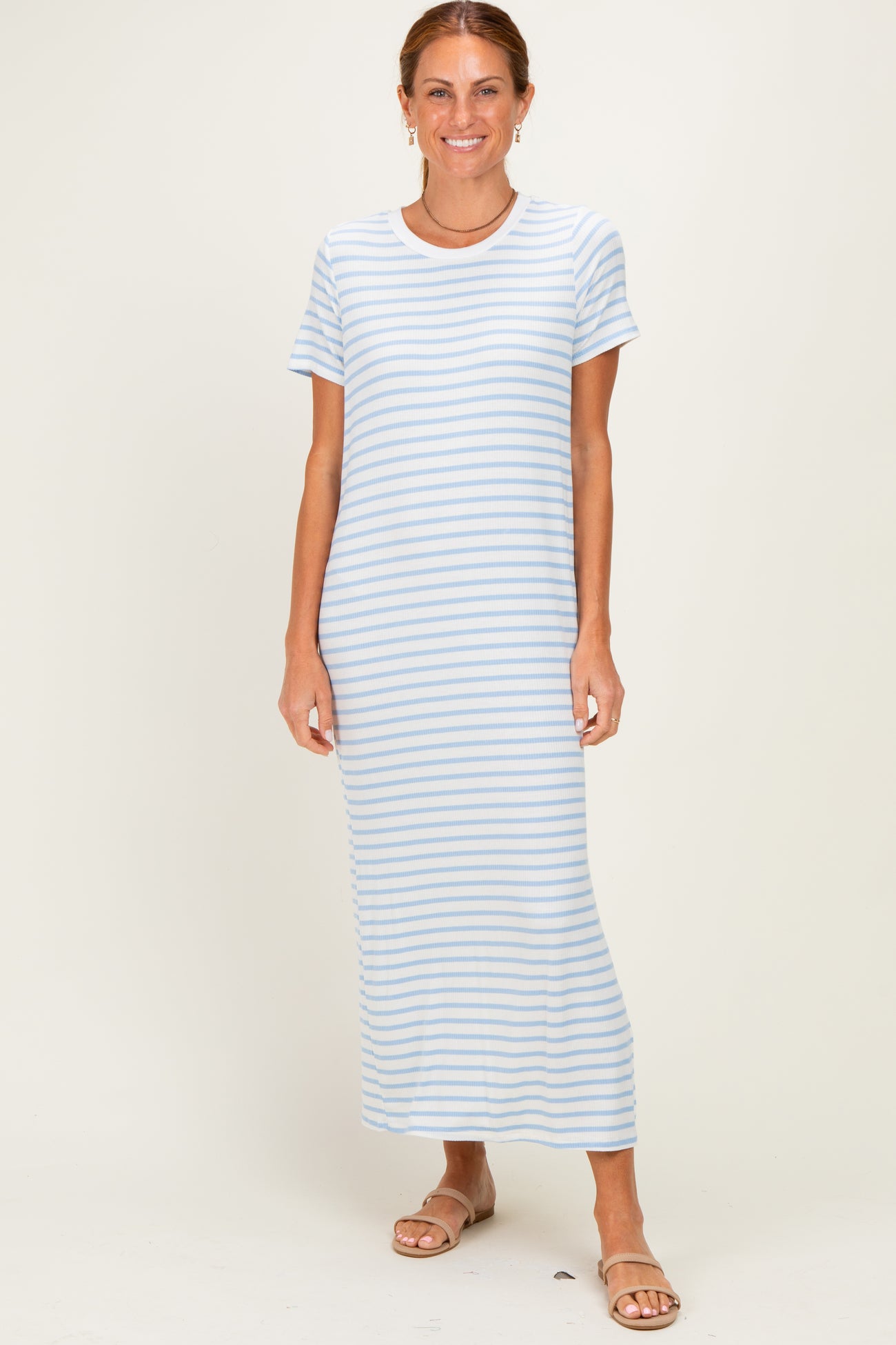 Light Blue/ Ivory Striped Short Sleeve Maternity Midi Dress