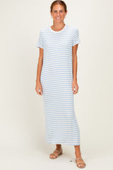 Light Blue/ Ivory Striped Short Sleeve Maternity Midi Dress