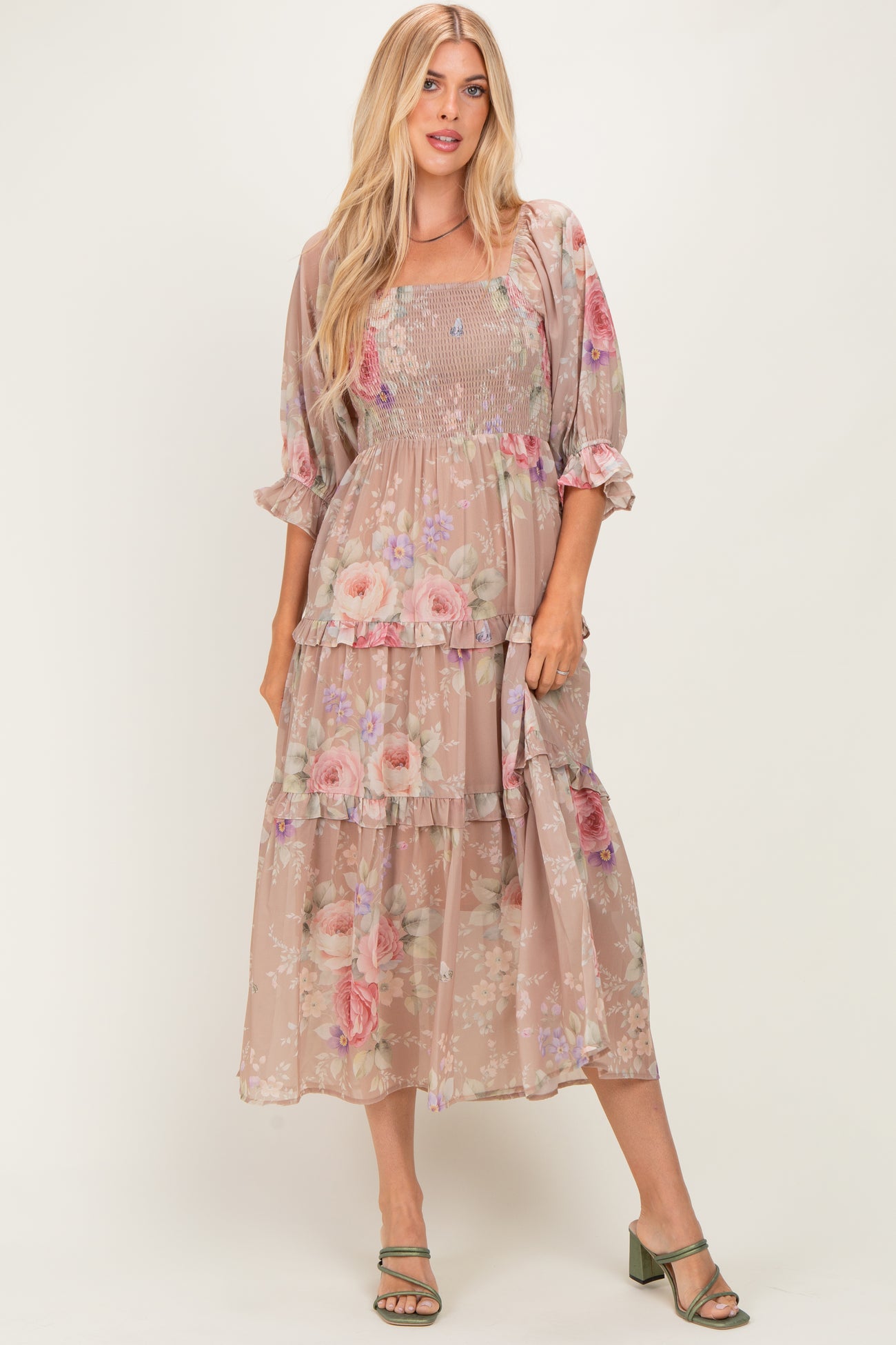 Taupe Floral Smocked Chiffon Tiered Maternity Maxi Dress