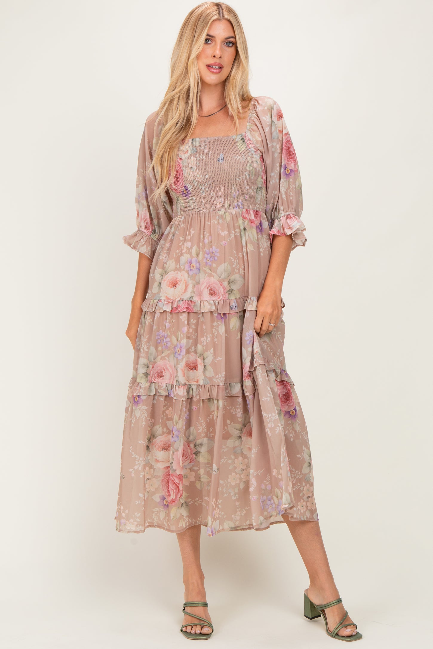 Taupe Floral Smocked Chiffon Tiered Maternity Maxi Dress
