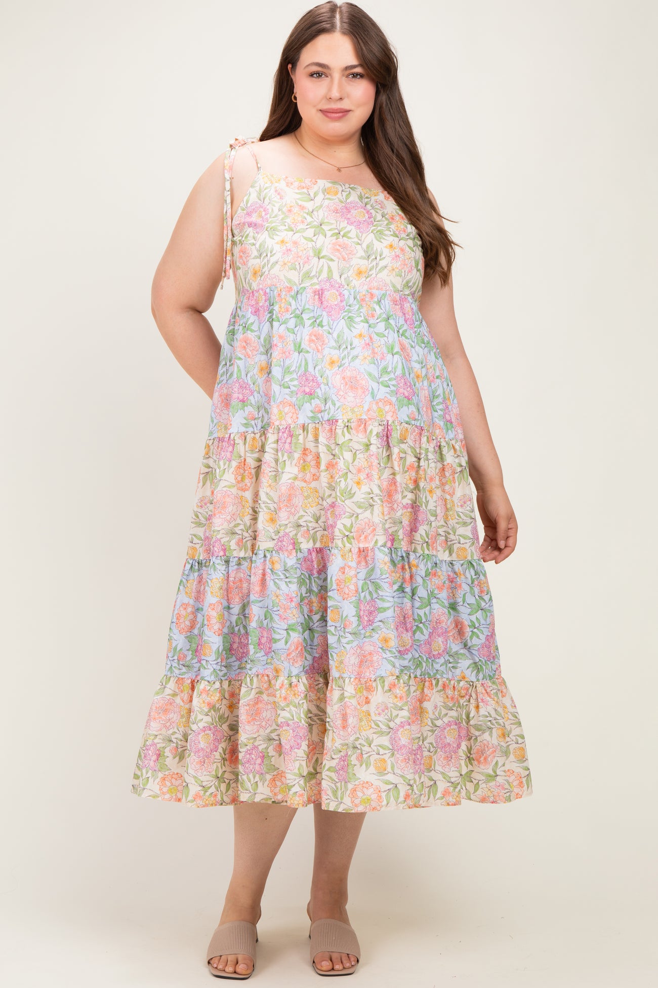 Pink Floral Colorblock Tiered Maternity Plus Maxi Dress