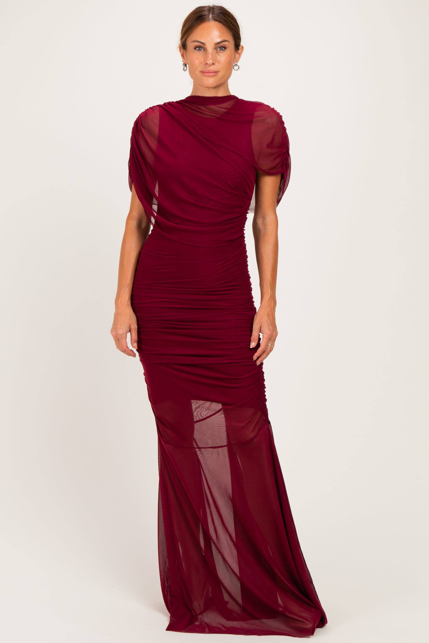 Burgundy Draped Bodice Ruched Mesh Maternity Maxi Dress