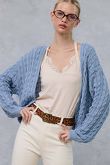 Blue Dolman Sleeve Boho Cable Knit Cardigan