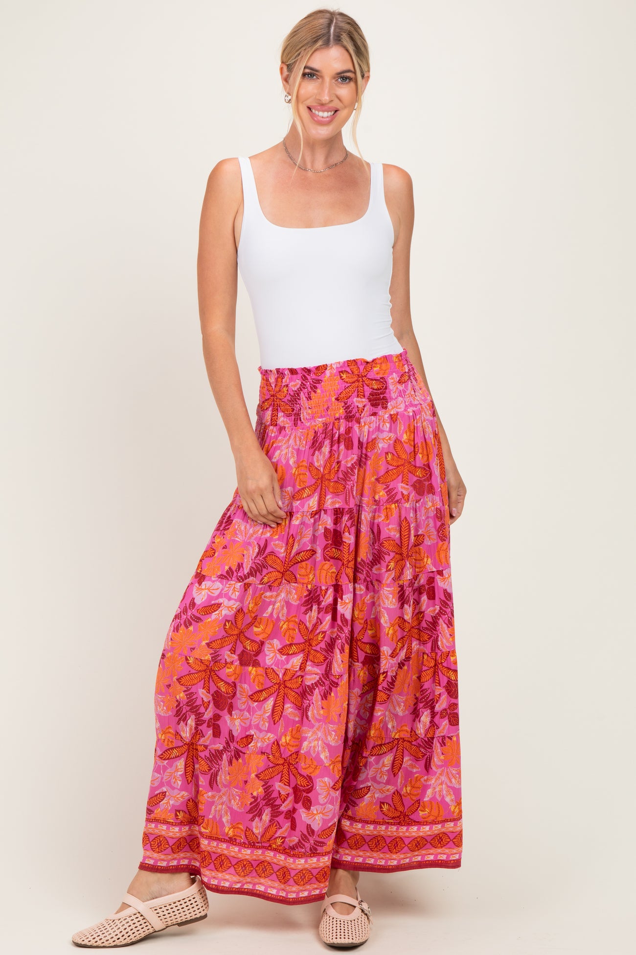 Fuchsia Floral Tiered Smocked Waistband Maternity Maxi Skirt