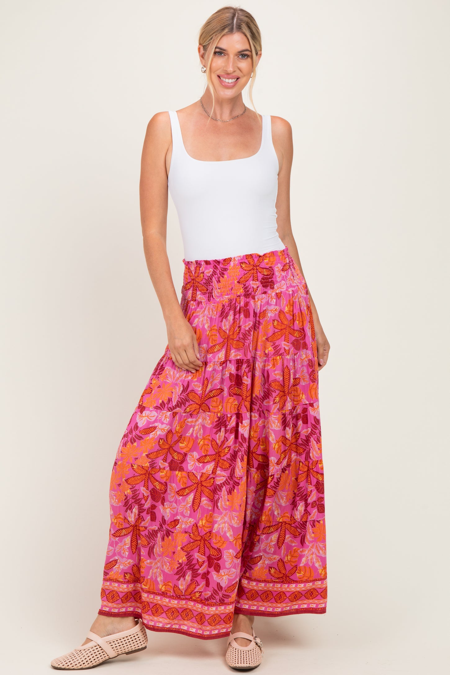 Fuchsia Floral Tiered Smocked Waistband Maternity Maxi Skirt