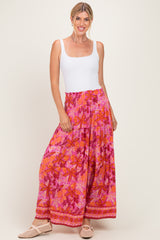 Fuchsia Floral Tiered Smocked Waistband Maternity Maxi Skirt