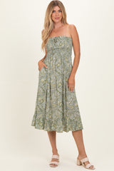 Green Floral Smocked Strapless Midi Dress