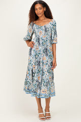 woman wearing a floral print maxi dress with puff sleeves and a smocked bodice