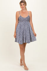 Navy Ditsy Floral V-Neck Smocked Maternity Mini Dress