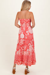 Coral Pink Floral Smocked Strapless Midi Dress