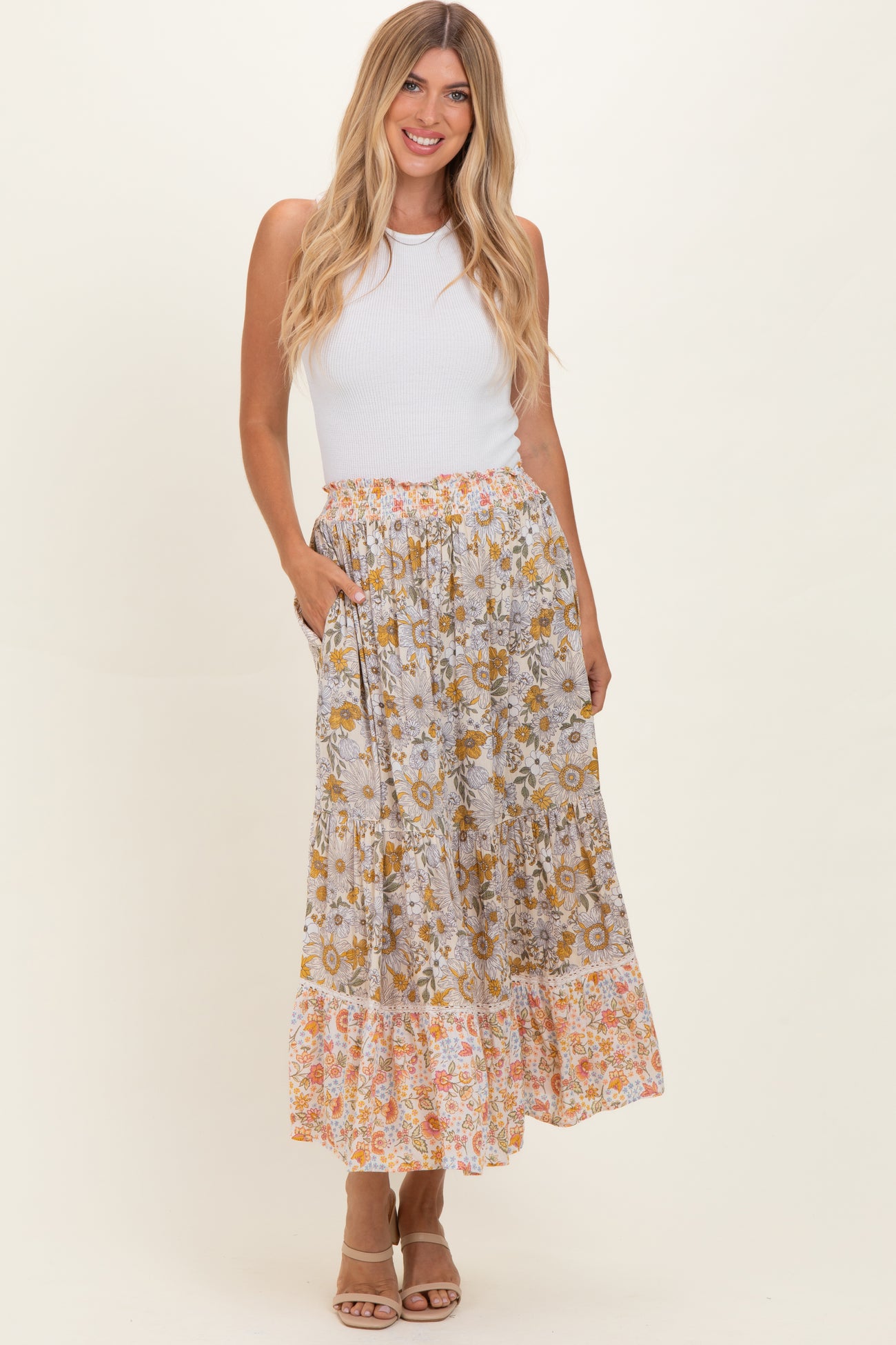 Lemon Mixed Floral Smocked Waist Maternity Maxi Skirt