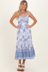 Blue V-Neck Cut Out Lace Up Back Maternity Dress