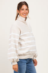 Beige Striped Snap Button Maternity Pullover