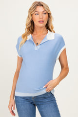 Light Blue Stripe Trim Maternity Collared Top