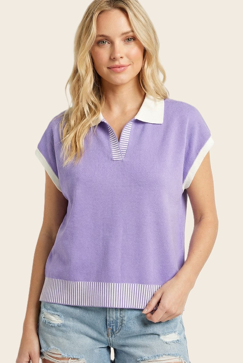 Lavender Stripe Trim Maternity Collared Top