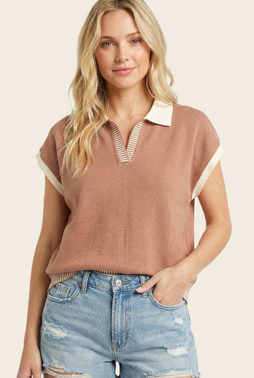 Rust Stripe Trim Collared Top