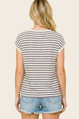 Plum Split Neck Striped Knit Top