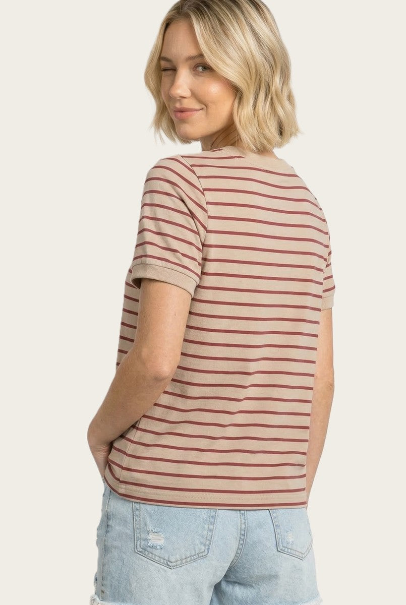 woman wearing a beige and red striped short sleeve t-shirt with a modern relaxed fit and back view shown
