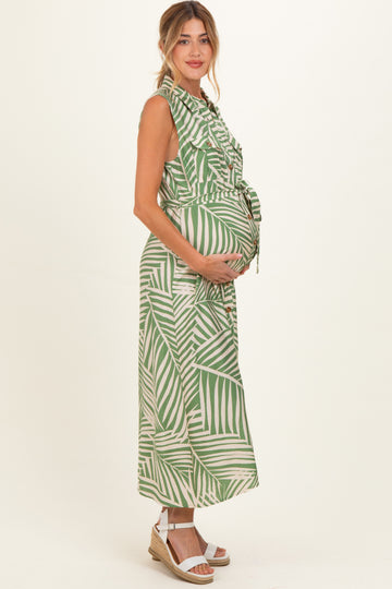 Sage Printed Sleeveless Maternity Maxi Shirt Dress