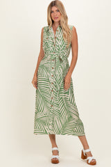woman wearing a green and white striped sleeveless button-down dress with a tied waist and a flowy midi length
