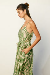 Sage Printed Waist Tie Maxi Dress
