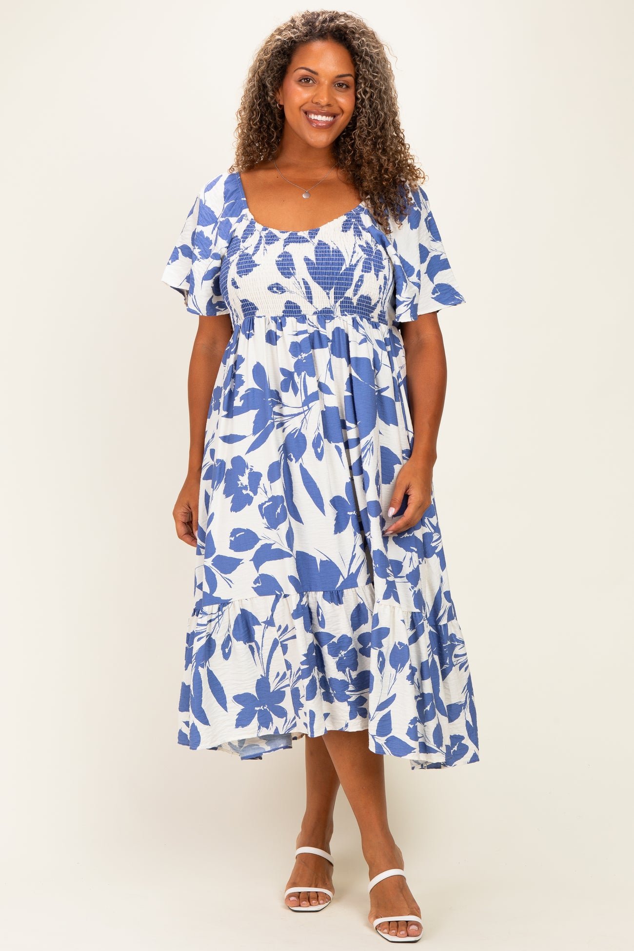 Blue Ivory Plus Sweetheart Smocked Front Floral Maternity Maxi Dress
